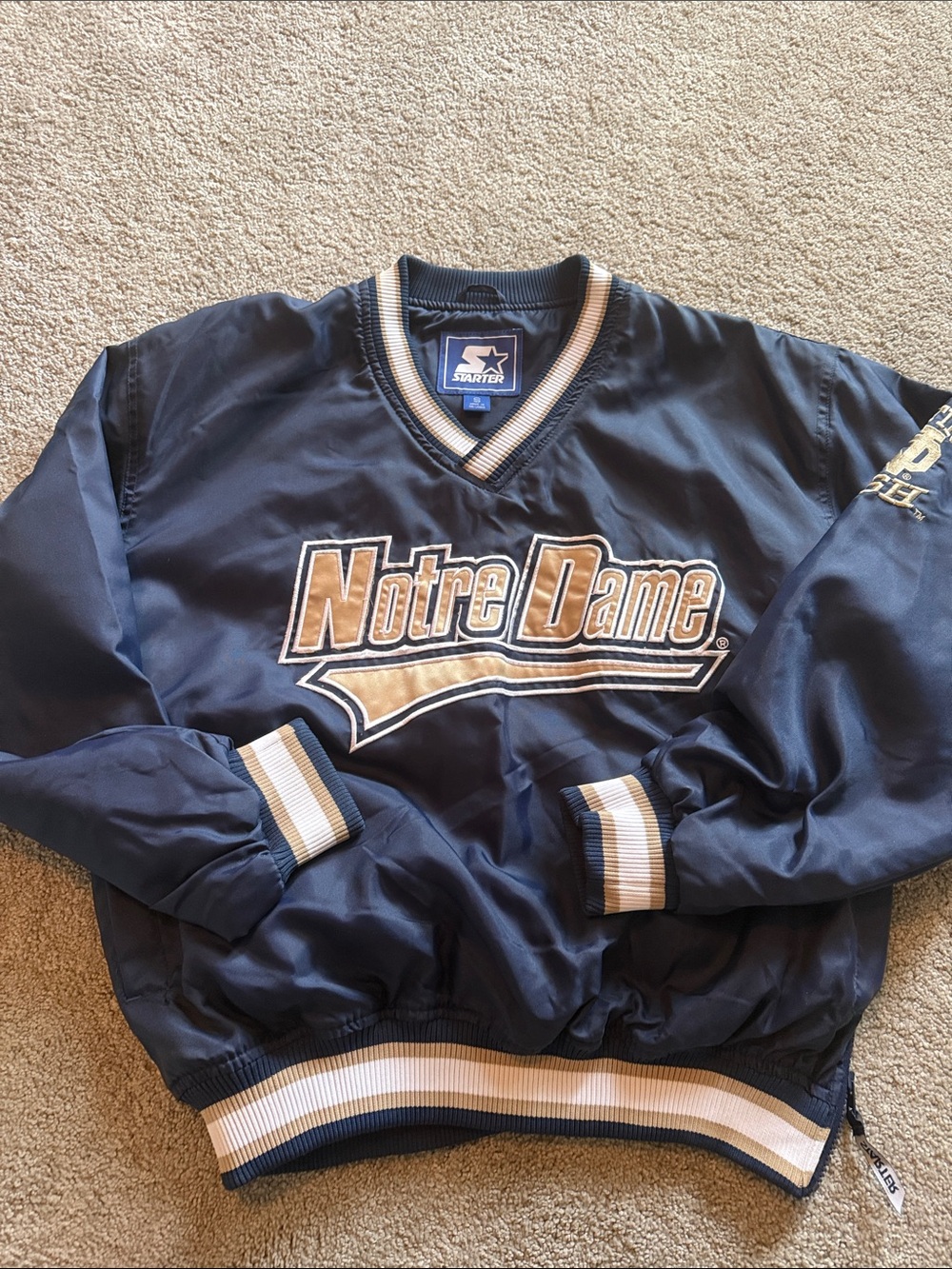 STARTER Navy and Gold Notre Dame Pullover Varsity Jacket